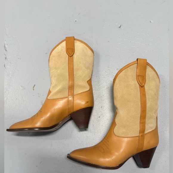 Isabel Marant Ochre Suede and Leather Mid Heel Cowboy Boots Size 37 Worn Twice - Picture 2 of 6
